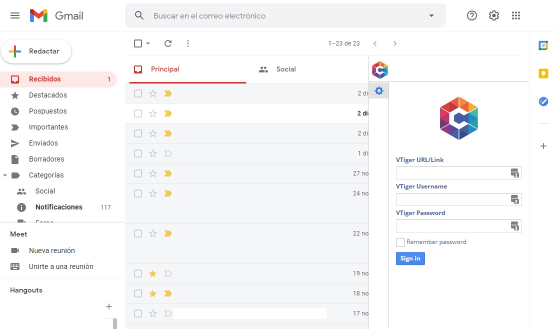 Acceso desde correo Gmail a Vtiger CRM con Simple Sistemas